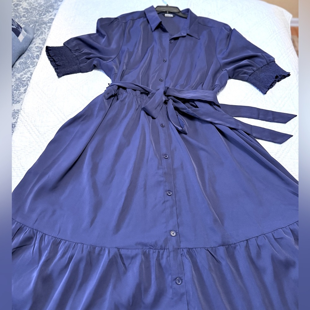 BloomChic Blue A-Line Shirt Dress with Cuffed Sleeves
